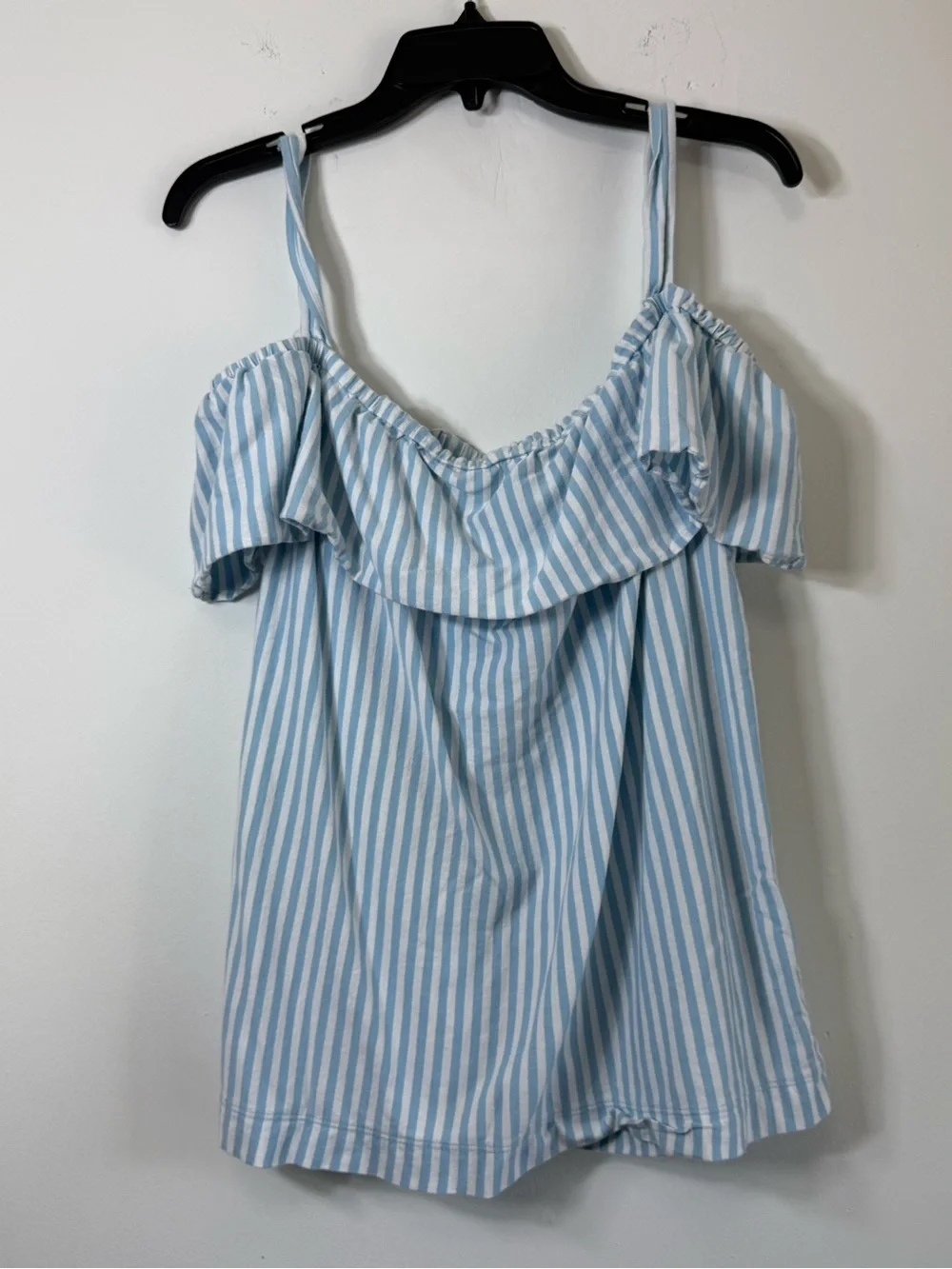 J. Crew Blue White Striped Off-the-Shoulder Ruffle Top XL Coastal Grandmother